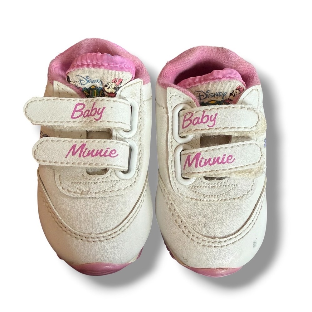 Disney Vintage Minnie Mouse Babies Sneakers Kids Size 1 White Pink Hook Loop